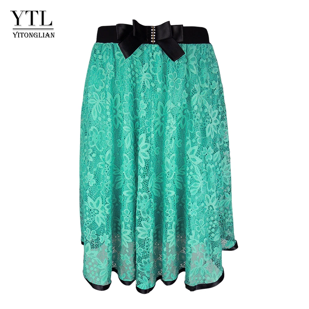 

YTL Women Skirt High Waist Lace Tutu Bow Knot Plus Size Skirts Casual A-Line Pleated Vintage For Women H245