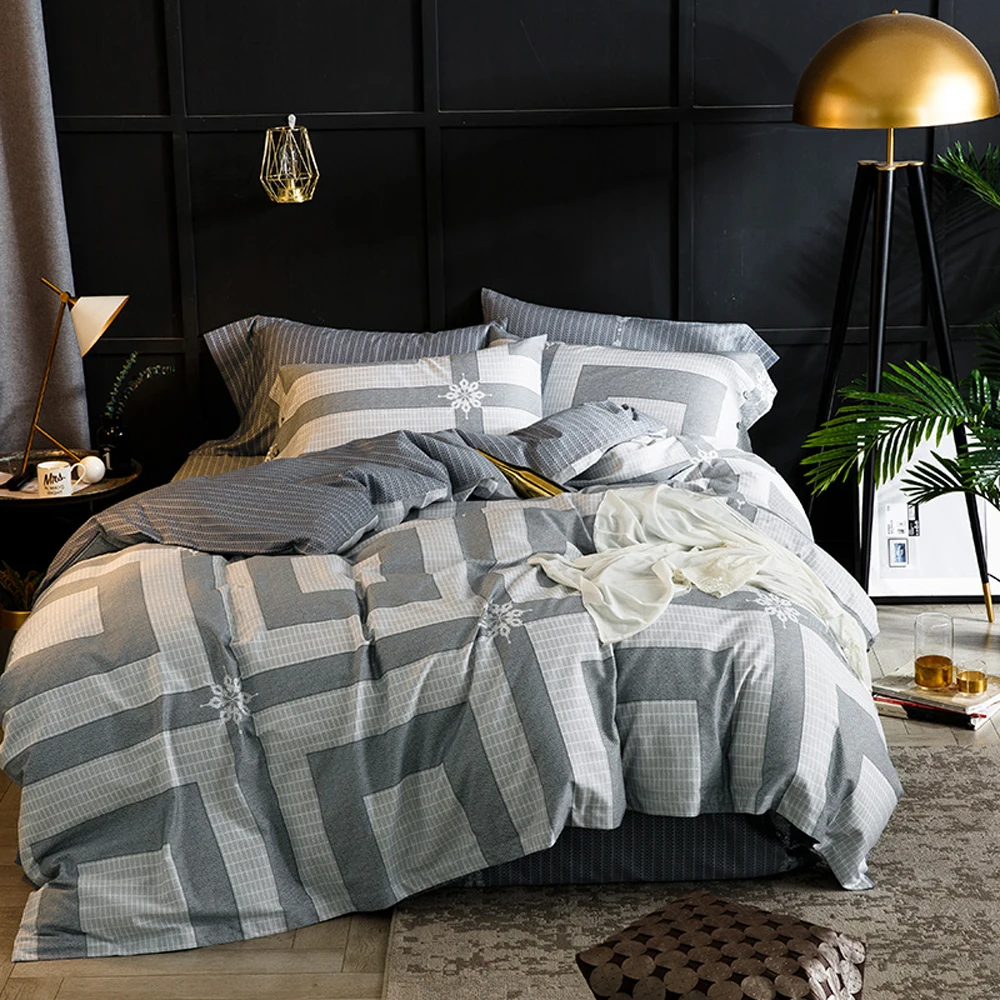 

2018 Grey Geometric Plaids Stripes Duvet Cover Set Soft Egyptian Cotton Bed Cover Queen King Bedlinens Sheet Pillowcases