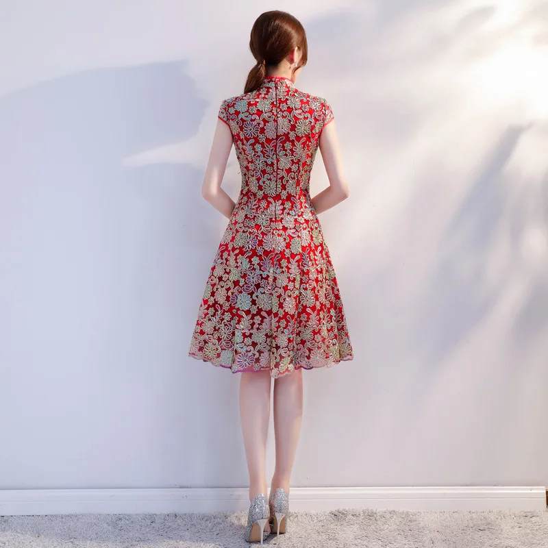 Высокое качество элегантное Красное Кружевное платье Ципао в китайском национальном стиле вьетнамское аозай платье Дамская короткий рукав принт короткое платье; S-XXL AD1