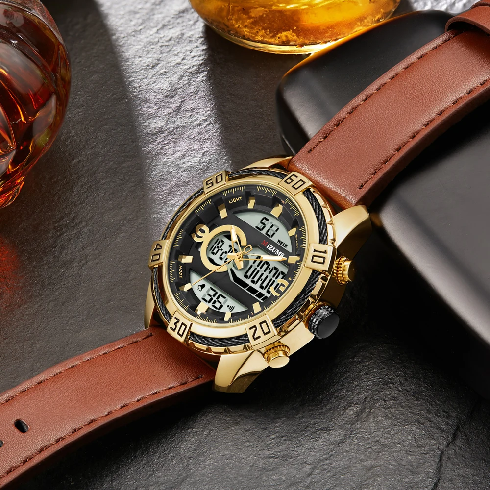 Mens Watches Top Luxury Brand Men Leather Sports Watches MIZUMS Men's Quartz LED Digital Clock Waterproof Military Wrist Watch 2019 New montre hommes (12)