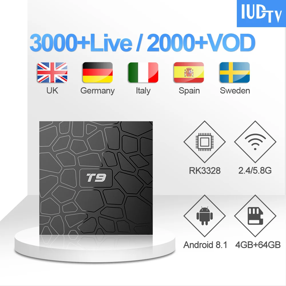 

IPTV Italy T9 Box UK Swedish IPTV Subscription IUDTV IP TV Code RK3328 Set Top Box German Turkish Arabic IPTV Italy Spain Greece