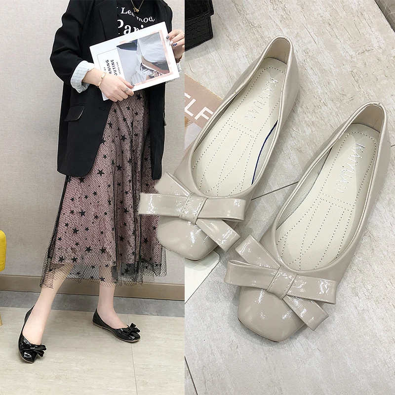 

2019 New Women Casual Flats Fashion High Quality Basic Solid Colors Square Toe Sleeve butterfly-knot Flat Slip On Shoes Woman