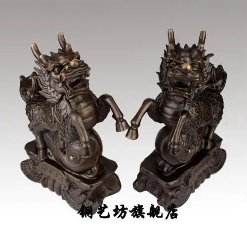 

14" China Fengshui Door Guardian Beast Dragon Kylin Protect Home Bronze Statue Healing Medicine Decoration 100% Brass Bronze