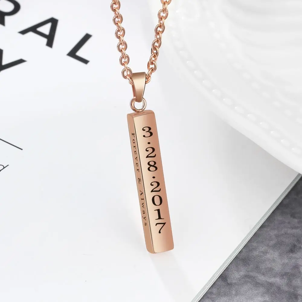 4 Face Engraved Name Necklace Personalised Gift Rose Gold Color Strip Stainless Steel Necklaces & Pendants (JewelOra NE102647)