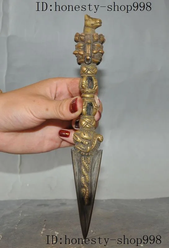 

Crafts statue Old Nepal Tibet Buddhist Bronze 24K Gold Mahakala Dorje vajra Phurba dagger halloween