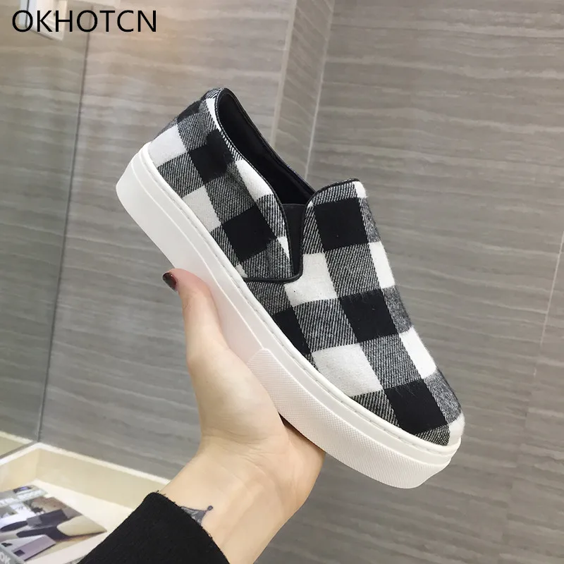 

Fashion Mixed Color Black White Plaid Cotton Upper Women Casual Shoes Middle Rubber Heel Slip On Zapatos De Mujer Loafers Girl