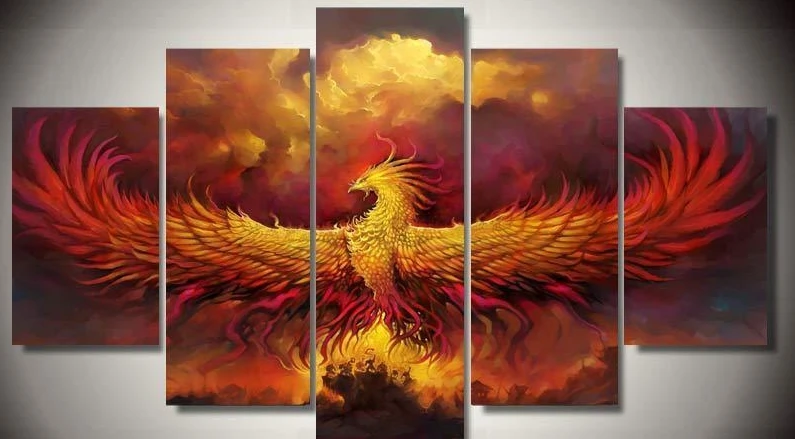 Art Abstrait Original Decoration Interieure Encadree Phoenix Oiseau Hausse Imprimer Toile Affiche Decoration Impression Toile 5 Pieces Aliexpress