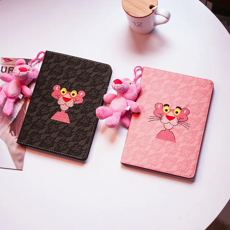 

Smart Wake Leather Case For new iPad 2017/2018, air/air 2, 2/3/4, iPad pro 9.7" 3D Embroidered Pink Panther with Doll Plus+Gifts