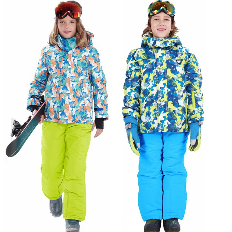 

2019 Winter Boys Skiing Suits Hooded Fleece Kids Snow Sets Jackets Overalls Windproof Sports Children Snowboard Sets Outfits