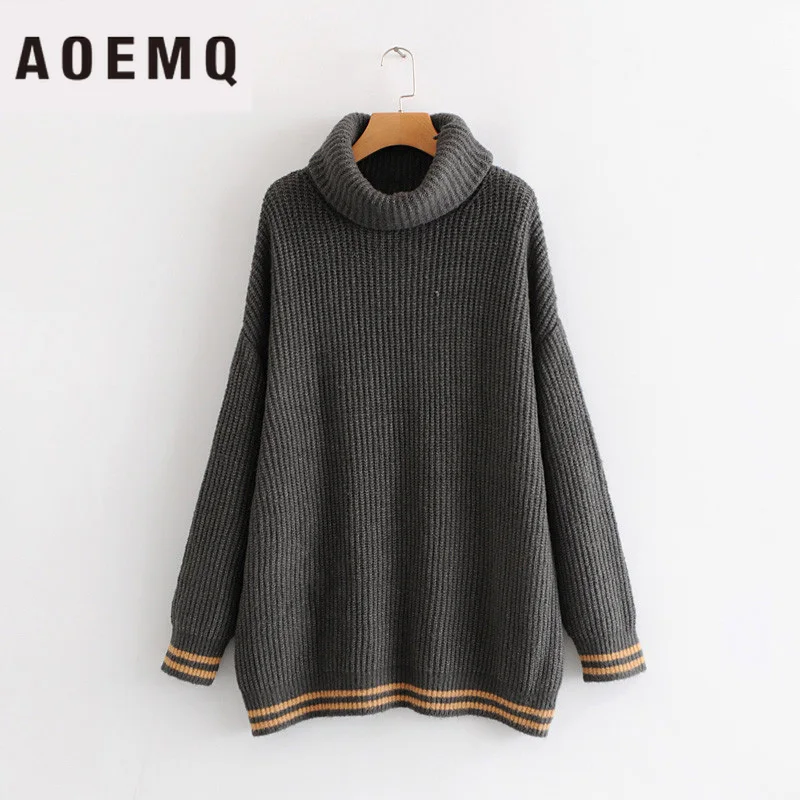 

AOEMQ Mohair Multi-layer High Collar Striped Stitching Loose Contrast Color Rib Big Off Shoulder Sleeves Thick Knit Sweater