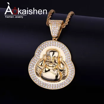 

Religious Buddha Pendant Necklace Charm Free Tennis Chain Gold Color Cubic Zircon Men's Hip hop Jewelry