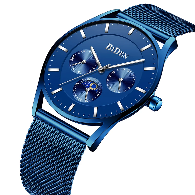 

Men Luxury Blue Quartz Watches BIDEN Stainless Steel Strap Mesh Band Waterproof Ultra Thin Casual Business Wrist Watch New