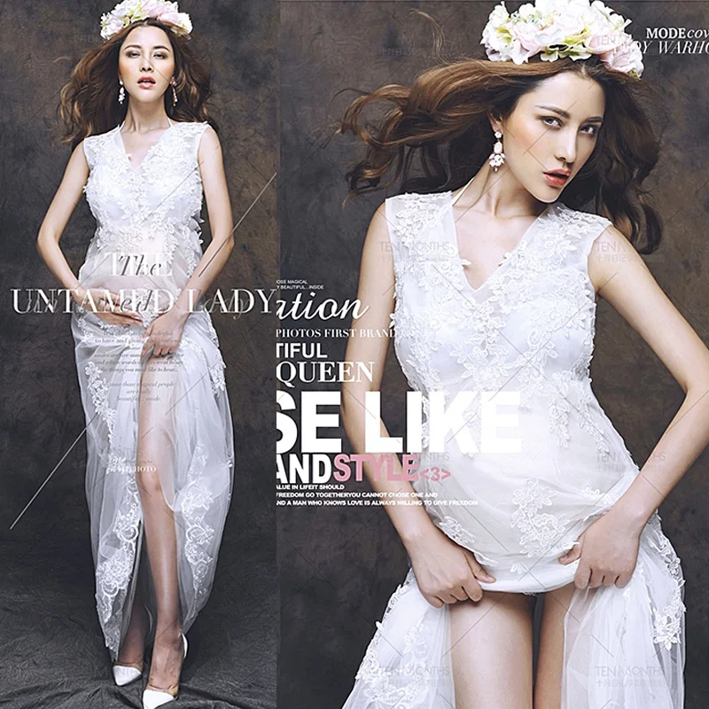 

White Lace Maternity Photography Props Dresses Elegant Fancy Pregnancy Clothes For Pregnant Women Photo Shoot Long SleeveleDress