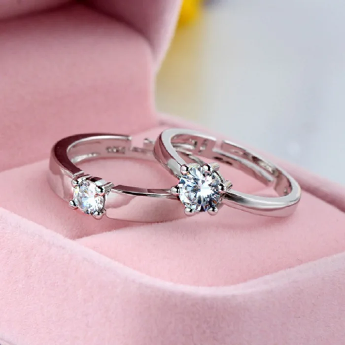 Модные ювелирные изделия Кристалл CZ сверкающий Циркон Свадебные обручальные кольца для пар серебристый цвет Регулируемый кольцо для женщин мужчин 925