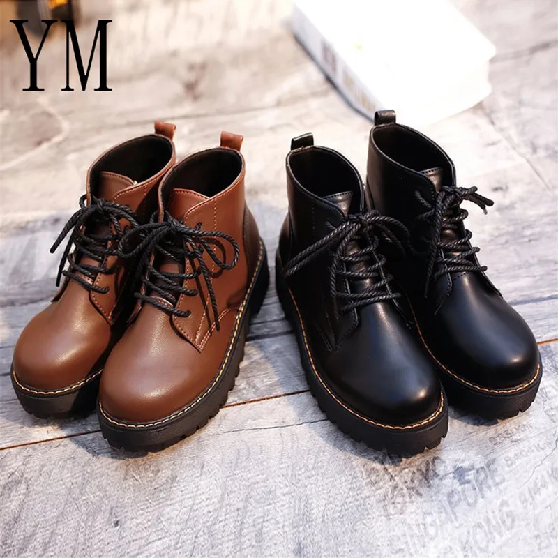 Günstige Stiefeletten Runde kappe Frauen Stiefel Lace Up Flache Biker Military Armee Combat Schwarz Schuhe Frau botas mujer Martin motorrad boot