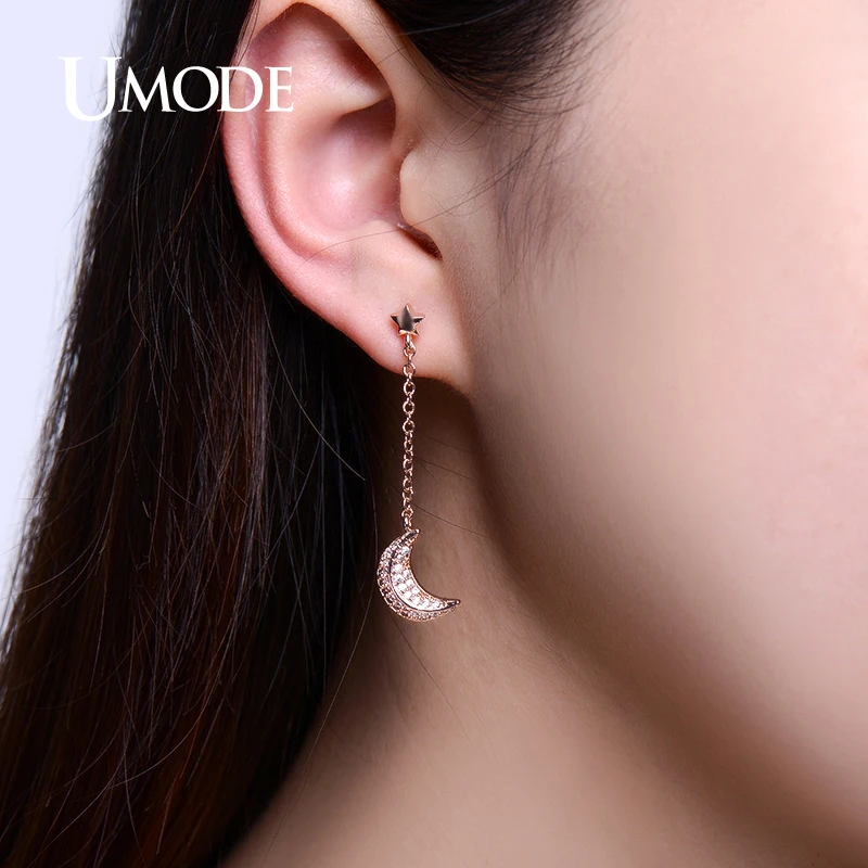 Женские серьги капли UMODE Brincos с цепочкой в виде звезды и Луны белого/розового