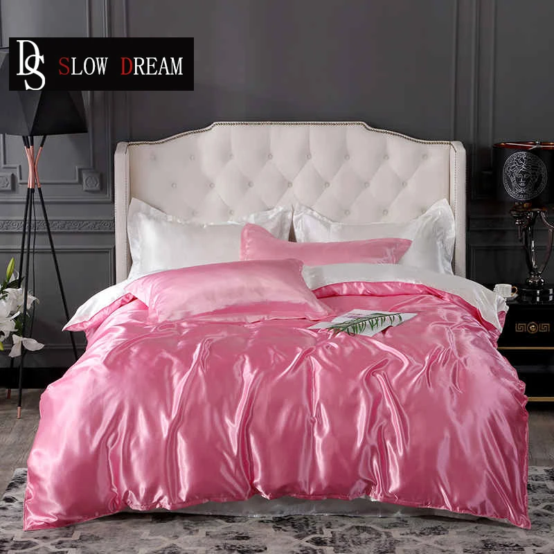 

SLOWDREAM Pink Duvet Cover Set White Bed Linens Flat Sheet 100% Silk Luxury Bedding Set Double Bedspread Bedclothes Decor Home