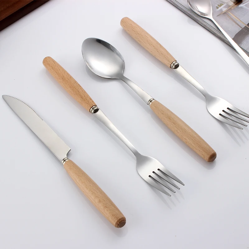 Holzgriff Geschirr Set Edelstahl Versilbert Messer Gabel Holzgriff Geschirr Set Edelstahl Versilbert Messer Gabel Besteck Luxus Europäischen Westlichen Speisen 4 Stücke In