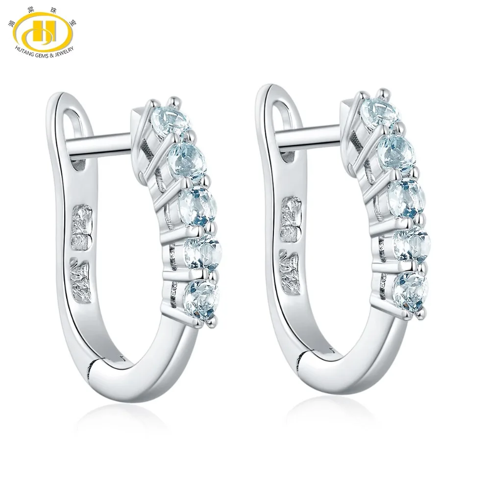 Женские серьги кольца из серебра 925 пробы с натуральным аквамарином|hoop earrings|gifts for