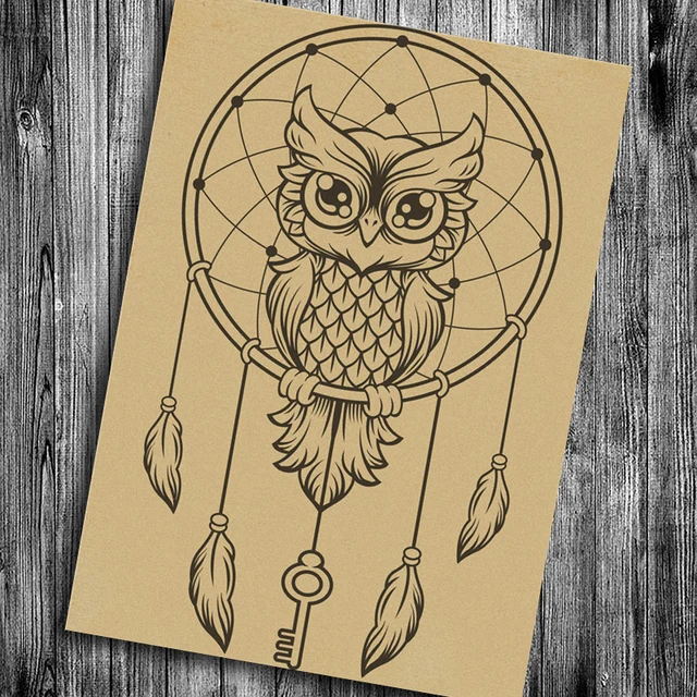 vogel uil dier vintage poster tekening retro schilderen print foto