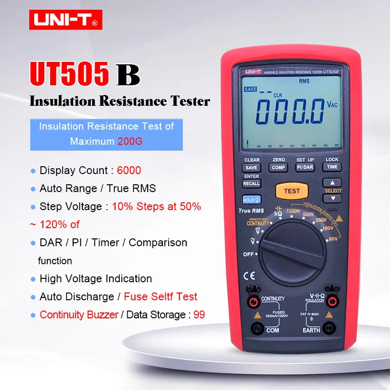 

UNI-T UT505B Handheld Insulation Resistance Tester;True RMS Digital Multimeter DC AC volt Ohm meter;1KV Megohmmeter Data Storage
