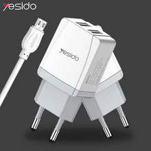 Yesido YC21 двойное настенное зарядное устройство USB с кабелем Micro USB для iPhone X XS 8 7 samsung Xiaomi быстрое зарядное устройство USB адаптер EU штекер