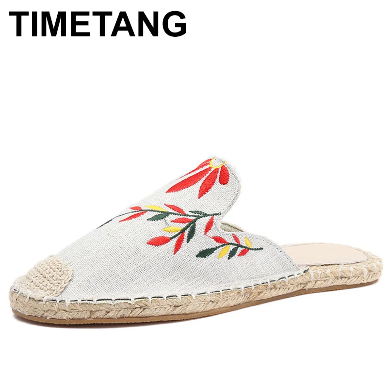 TIMETANG Women shoes embroider dress shoes rhinestones outside basic high-end satin wearing sandals straw-woven flat-soled E272