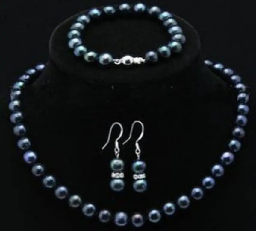 

7-8mm black Akoya Pearl Necklace Bracelet Earring 1 Sets 18" 7.5" A(5.18)