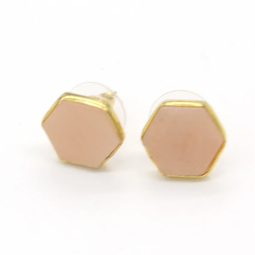 Kraft-beads Light Yellow Gold Color Hexagon Natural Rose Pink Quartz Stud Earrings For Women Anniversary Jewelry | Украшения и