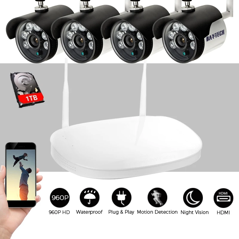 

DAYTECH Security Cameras Home Surveillance System HD 960P Wireless 4CH NVR Kit CCTV Camera HDMI Output 1TB HDD IR Night Vision