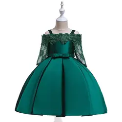 Трапециевидной формы из атласа с длинным рукавом для девочек в цветочек платья для свадьбы зеленый Первое причастие вечерние праздничные