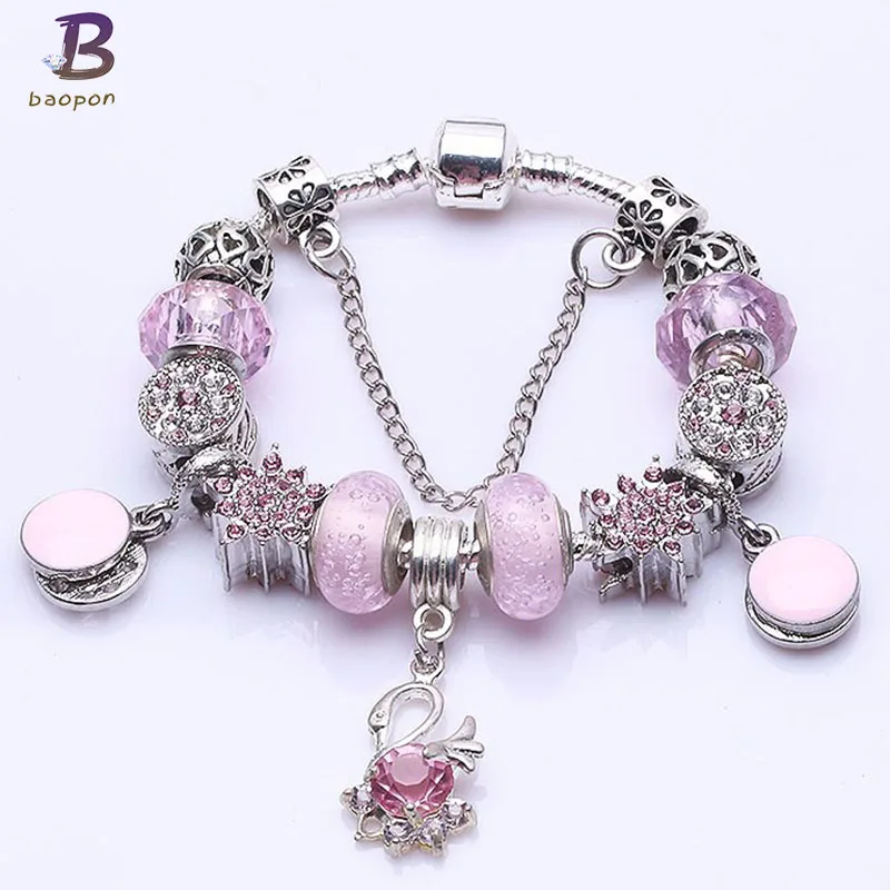 Посеребренный розовый кристалл лебедь болтается браслет для женщин с милыми муранскими бусинами браслет ювелирные изделия для женщин подарок