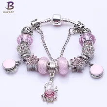 Посеребренный розовый кристалл лебедь болтается браслет для женщин с милыми муранскими бусинами браслет ювелирные изделия для женщин подарок