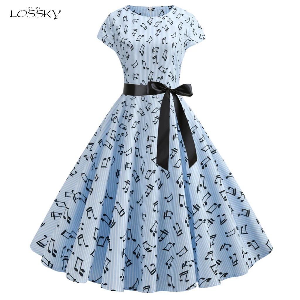 

LOSSKY Dresses Women Summer 2019 Lady O-neck Vintage 1950s Retro Short Sleeve O-Neck Printing Swing Dresses Feminino Vestidos