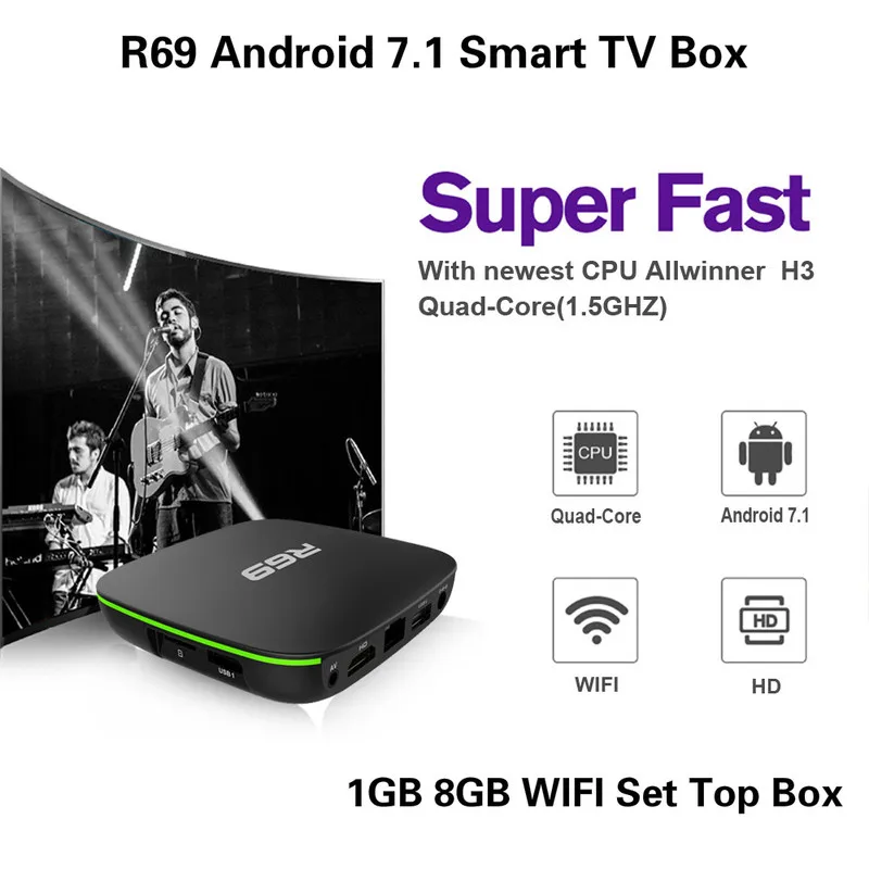 

R69 Android 7.1 Smart TV Box Allwinner H3 Quad Core 1GB 8GB WIFI Set Top Box H.265 4K 3D 1080P HD Movie Movies Media Player