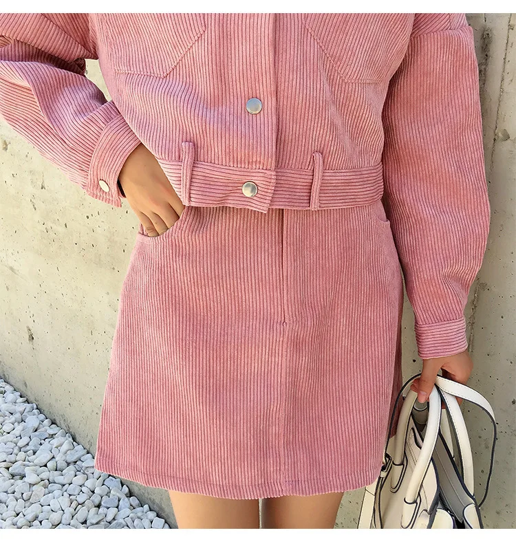 Корейский милый женский костюм из двух предметов, Женская Вельветовая розовая куртка, пальто+ юбка, повседневный Женский комплект, осенняя мини-юбка+ верхняя одежда, костюм из 2 предметов