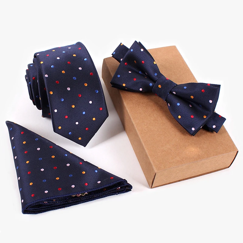 set ties Navy tie Red yellow blue white dot bow tie and handkerchief set lot