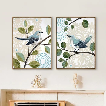 

HAOCHU American Country Views Cute Birds On Tree Cartoon Wall Poster Canvas Painting for Living Room No Frame Hotel Home Decor