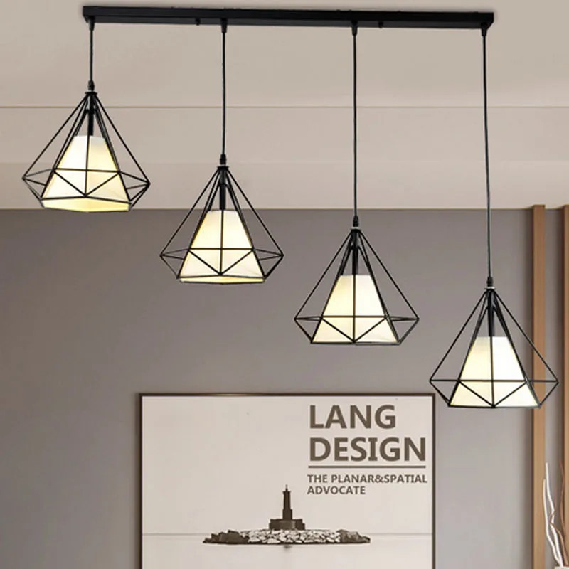 Online 1 set 100cm lange basis 4 köpfe anhänger lichter für wohnzimmer restaurant gang diamant Eisen käfig kunst anhänger lampe