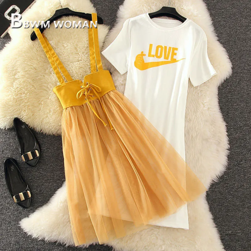 

2019 Summer Women Sets Long T Shirt and Spaghetti Strap Dress Female Sets
