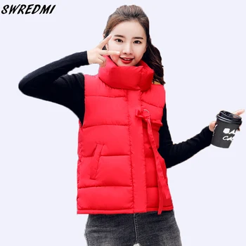 

SWREDMI Women Winter Short Cotton Vest Slim Fashion Cute Student Thickening Warm Vest For Girls Stand Collar Sleeveless Coats