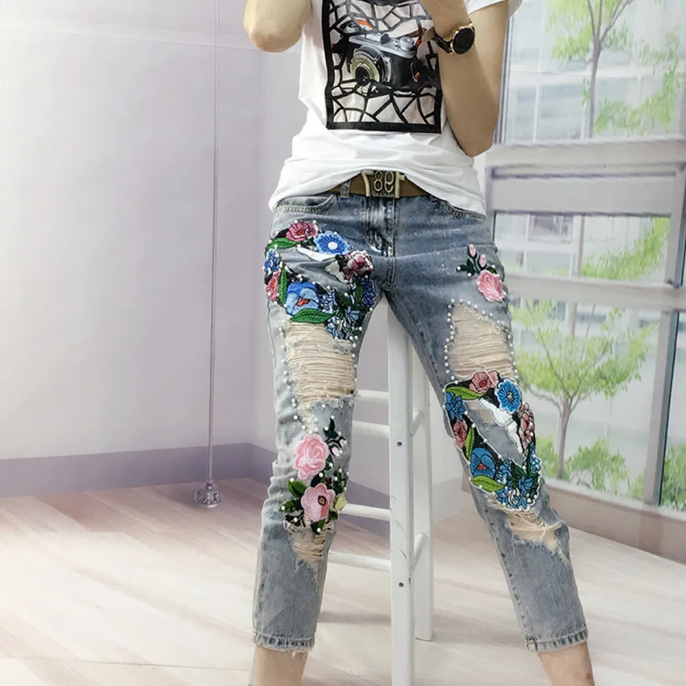 Europaischen Stil Neue Bronzing Blumen Bunte Patchwork Zerrissene Perle Stich Elegante Mode Trends Jeans Jeans Fashion Jeans Stylejeans Jeans Aliexpress