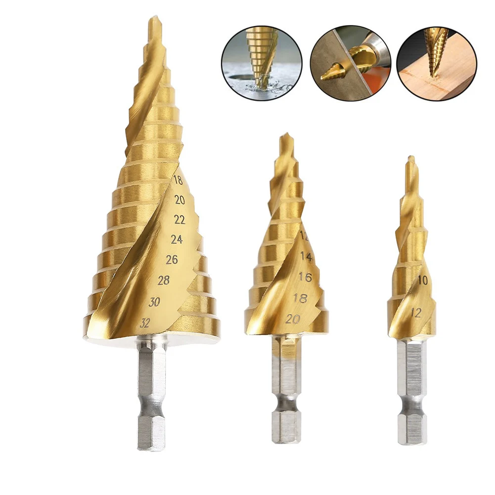 

3 Pcs/Set HSS Spiral Groove Step Drill Titanium Coated Bit Kit for Iron Aluminum Plate Cutting Holes MJJ88