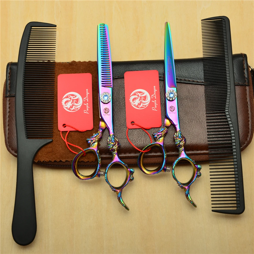 

4Pcs/Set 6'' Purple 440C Professional Human Hair Hairdressing Scissors Combs + Cutting + Thinning Shears Big Dragon Handle H9004