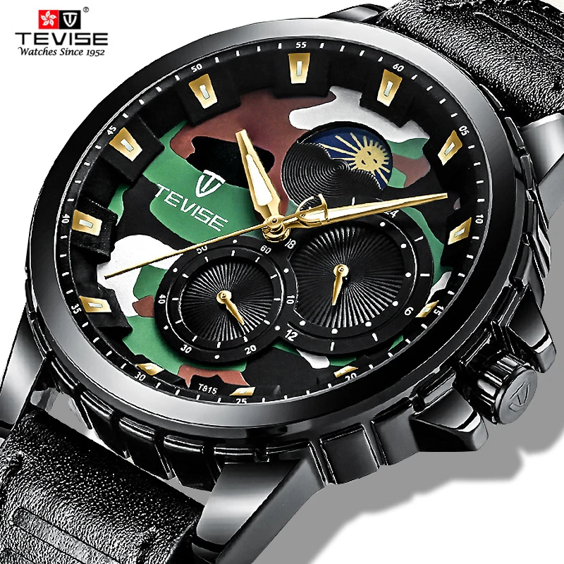 

TEVISE 2018 Army Automatic Moon Phase Watch Clock Men Mechanical Watches Fashion Luminous Waterproof Leather Wristwatch relogio