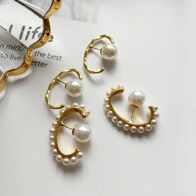 

Korean Gold Moon Oval Open Circle Letter C Pearl Stud Earrings for Women Girl Minimalist Line Accessories