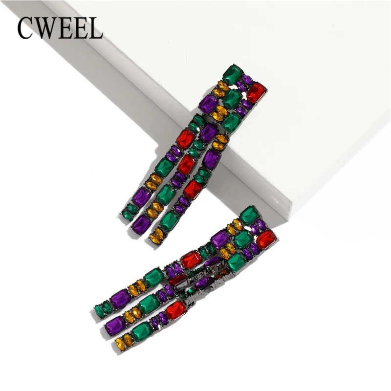 CWEEL Fashion Long Drop Earrings for Women Brincos Geometric Colorful Wedding Crystal Dangle Earrings Punk Style ZA Jewelry