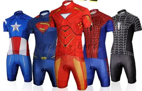 9D pad, Капитан Америка Человек-паук Супермен железный человек короткий рукав Велоспорт Джерси нагрудник шорты комплект Ropa Ciclismo велосипедная одежда