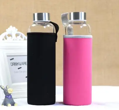 

Hot Selling Glass Sport Water Bottle With Protective Bag 280ml / 360ml / 550ml Fruit Outdoor Bike Bottles High Quality