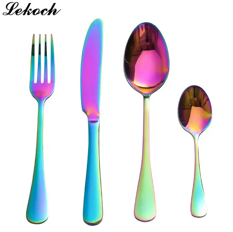 Multi-Colors Cutlery Mirror Polishing Stainless Steel Dinnerware Fork Scoops Set Dessert Portuguese Style Solid Tableware посуда нож ножи столовые приборы набор посуды kitchen dining bar - Цвет: 24pcs for 6set